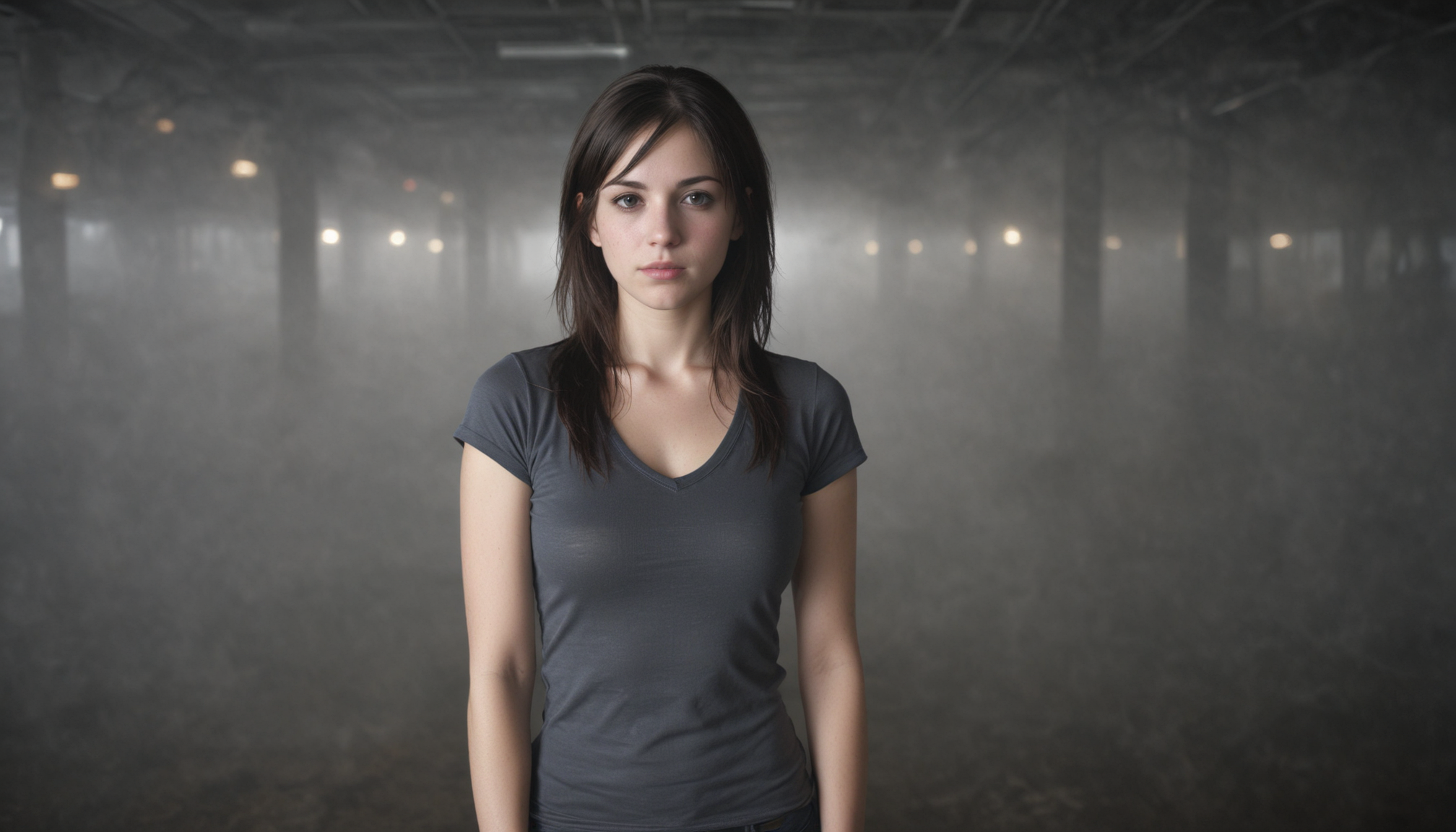 Woman standing in smoky room Woman standing in smoky room