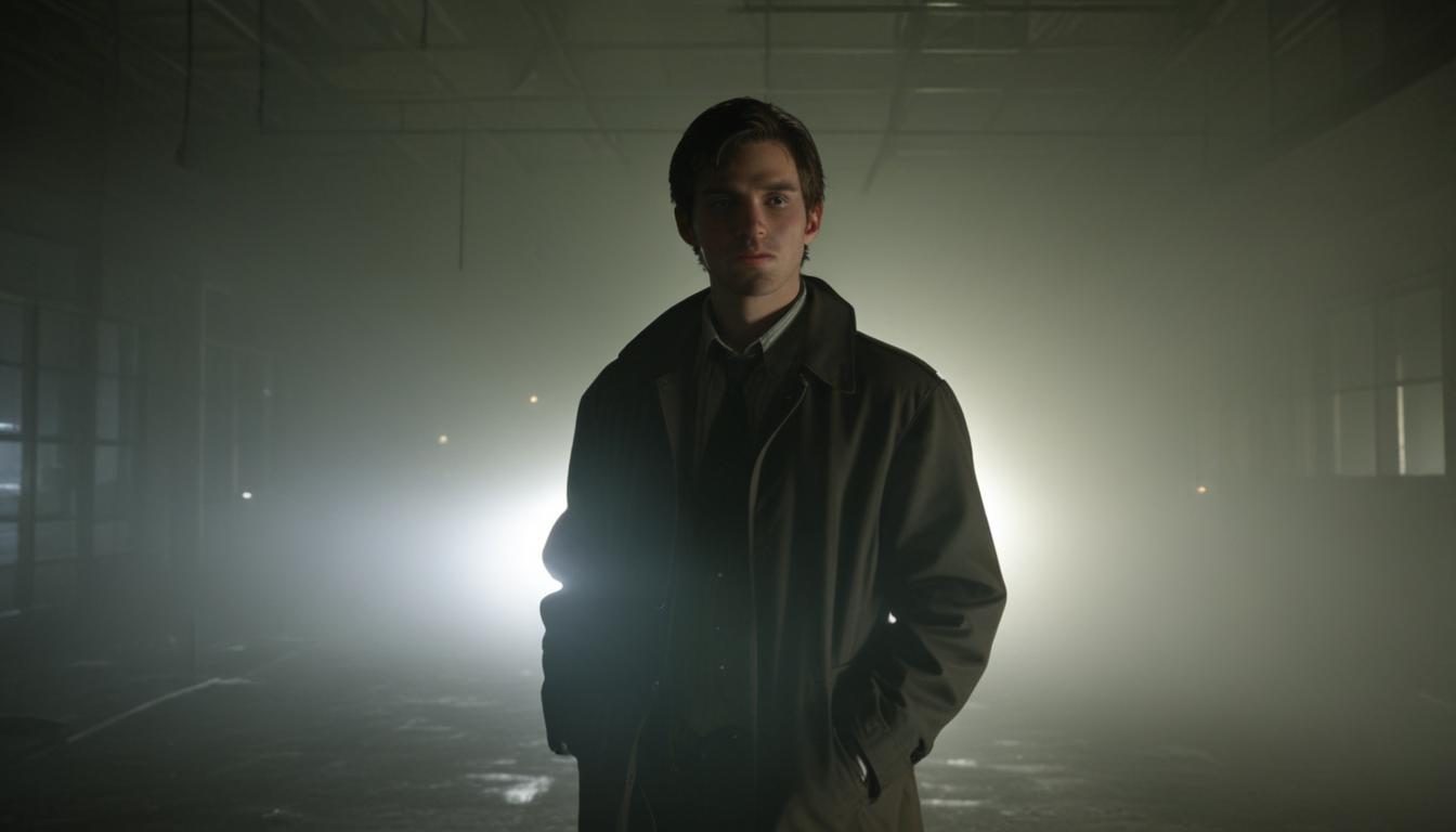 Man standing in foggy warehouse Man standing in foggy warehouse