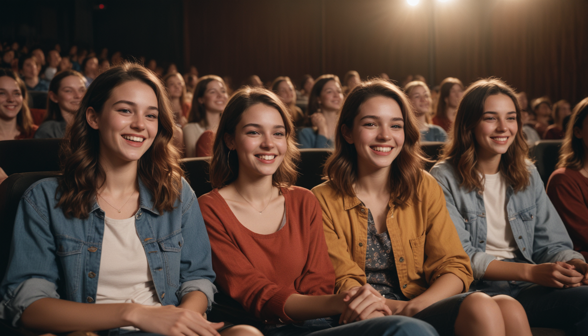 Three women smiling at movie theater Three women smiling at movie theater