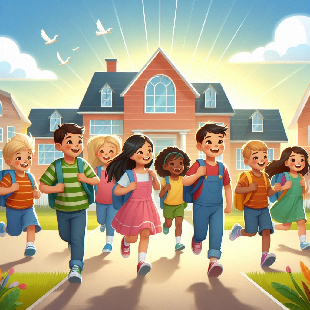 Children running towards school Children running towards school