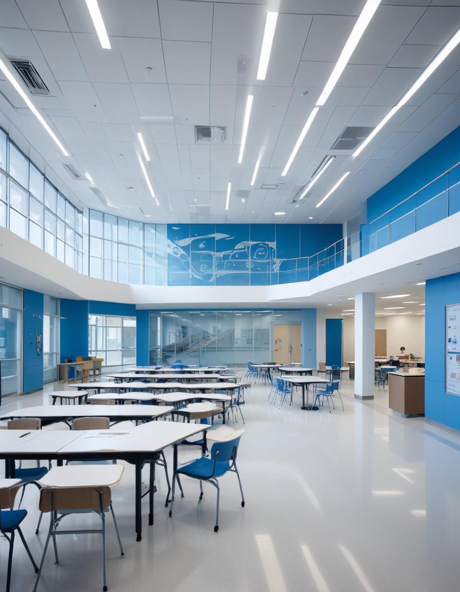 Modern school cafeteria with blue accents Modern school cafeteria with blue accents