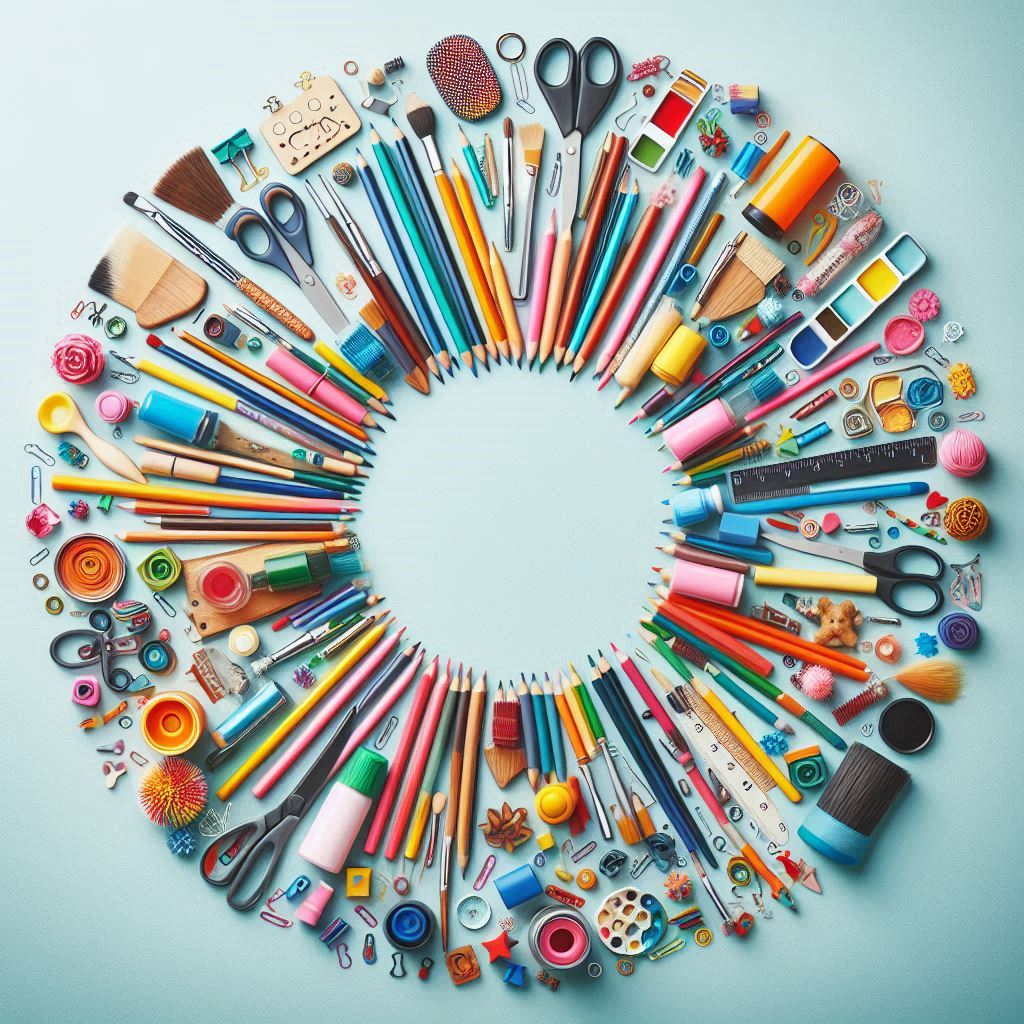 Colorful art supplies circle on blue Colorful art supplies circle on blue