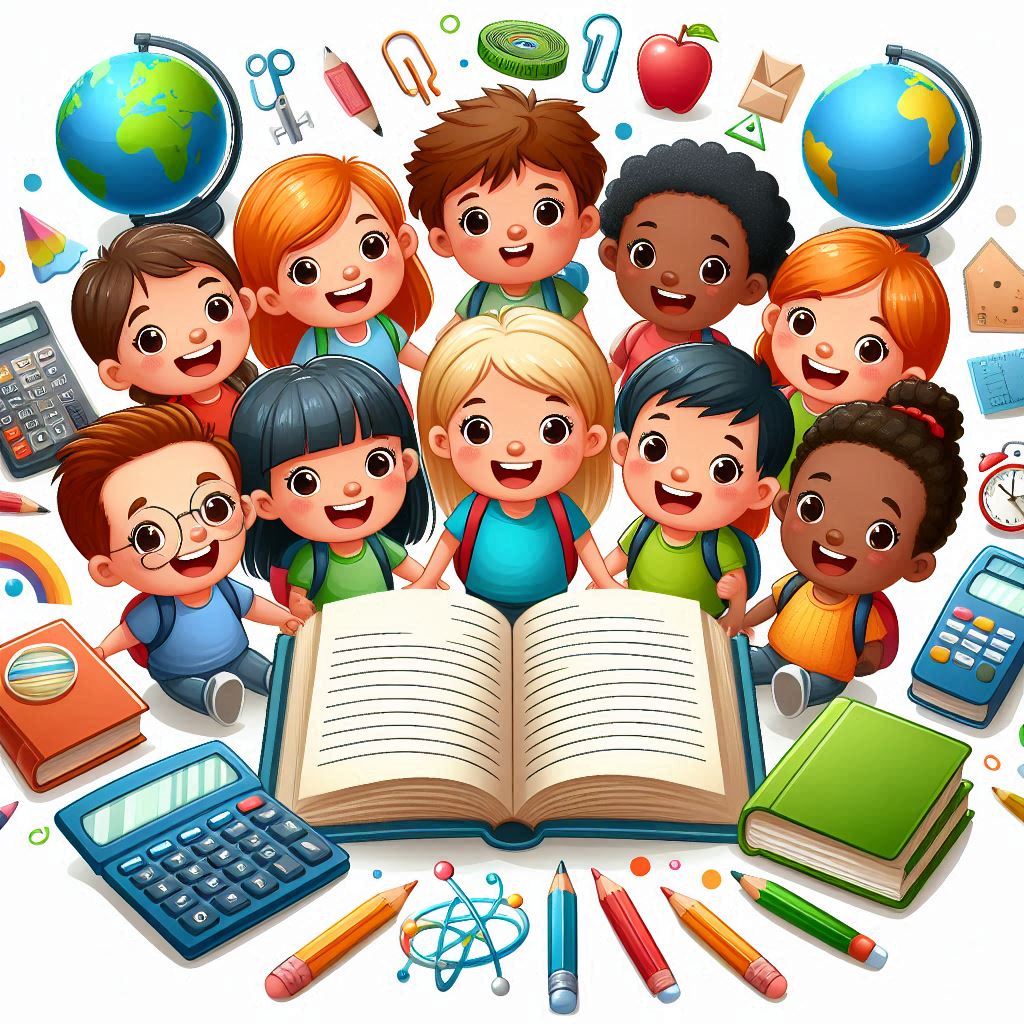 Happy children surrounding open book Happy children surrounding open book