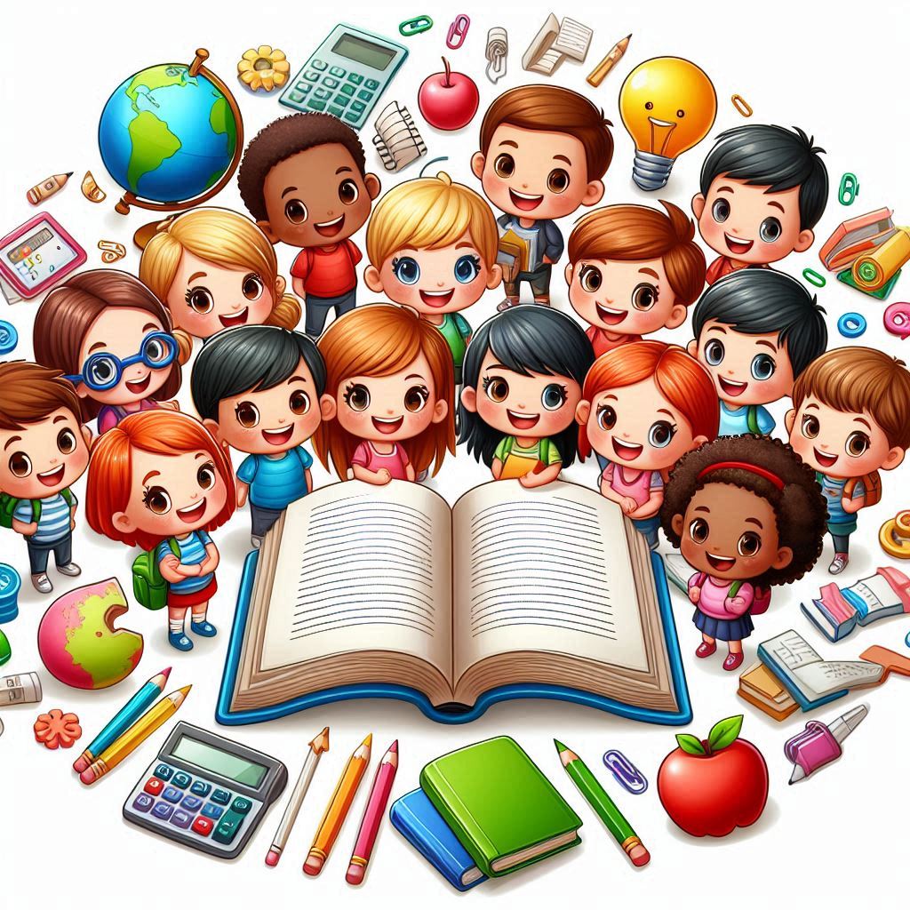 Children surrounding open book Children surrounding open book