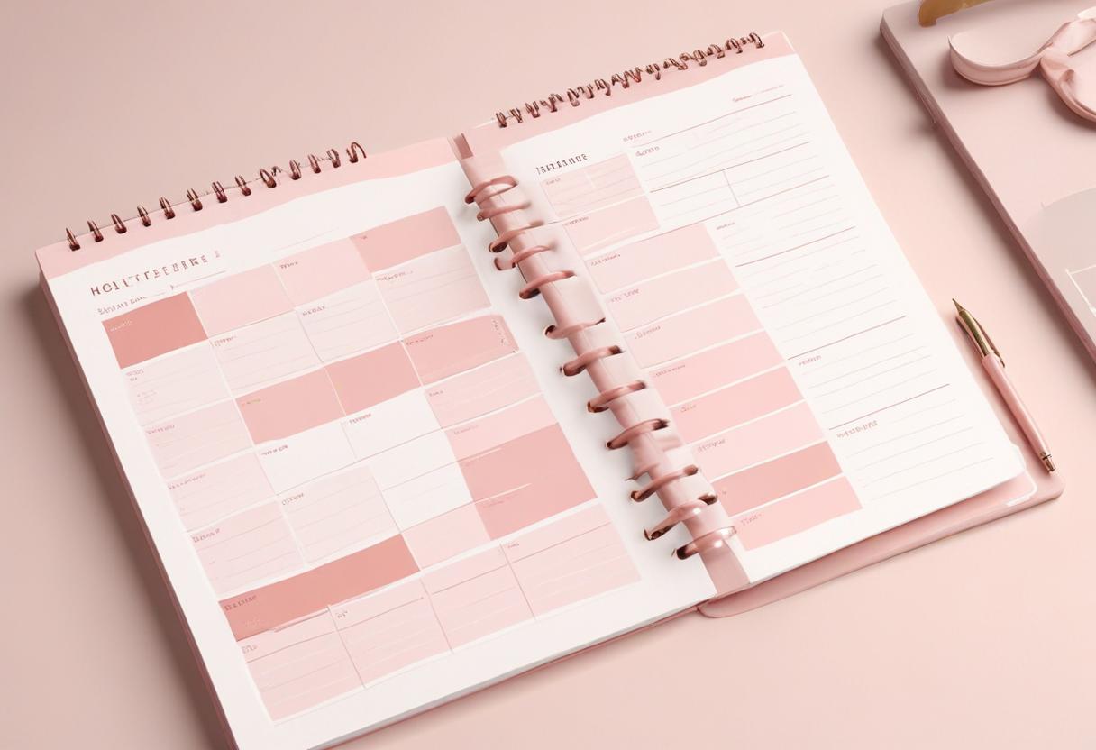 Pink monthly planner on desk Pink monthly planner on desk