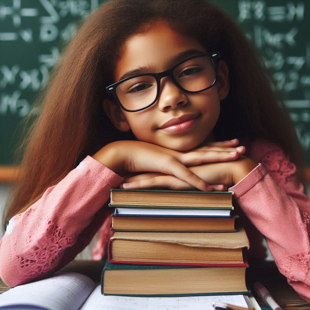 Girl resting on books in classroom Girl resting on books in classroom