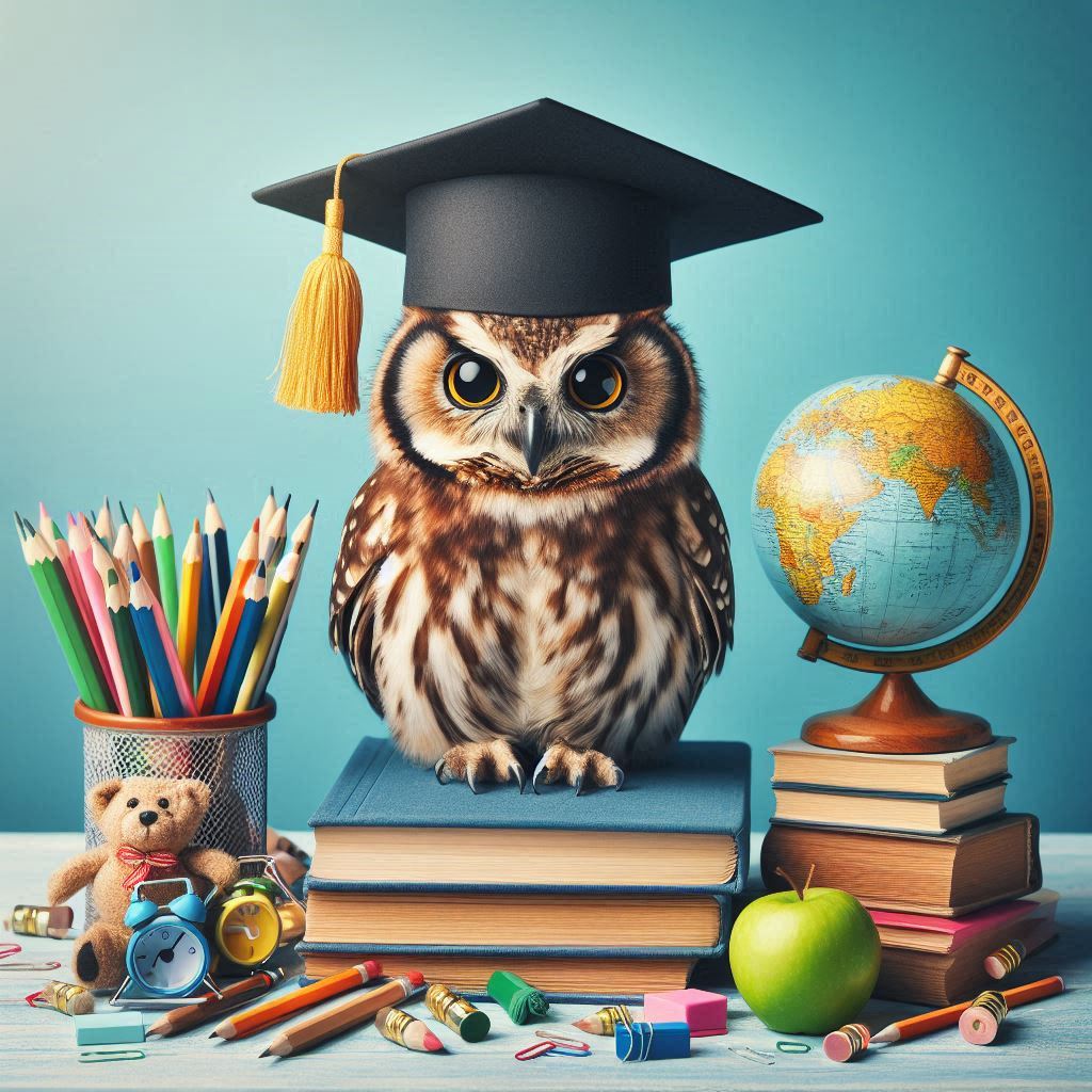 Owl graduation with books and globe Owl graduation with books and globe