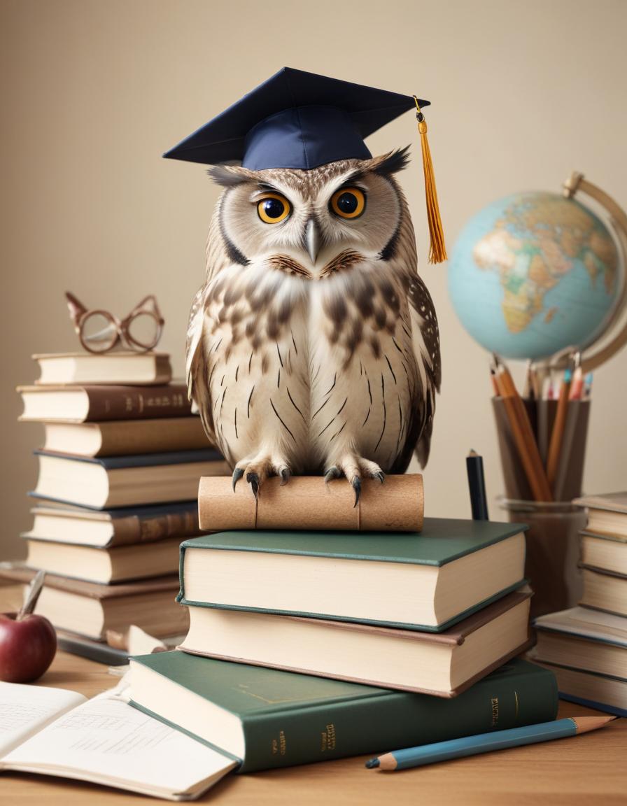 Owl graduate with books and globe Owl graduate with books and globe