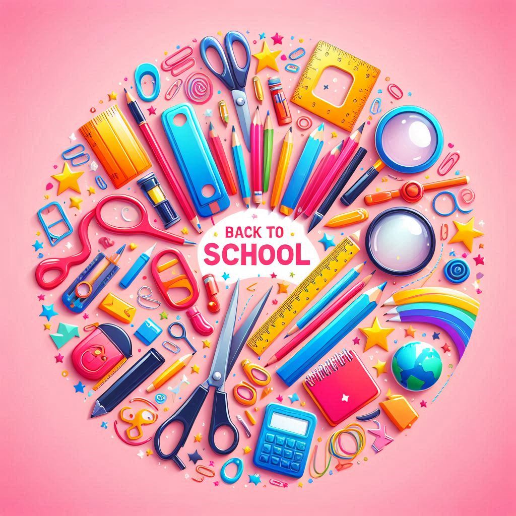 Colorful school supplies arrangement Colorful school supplies arrangement