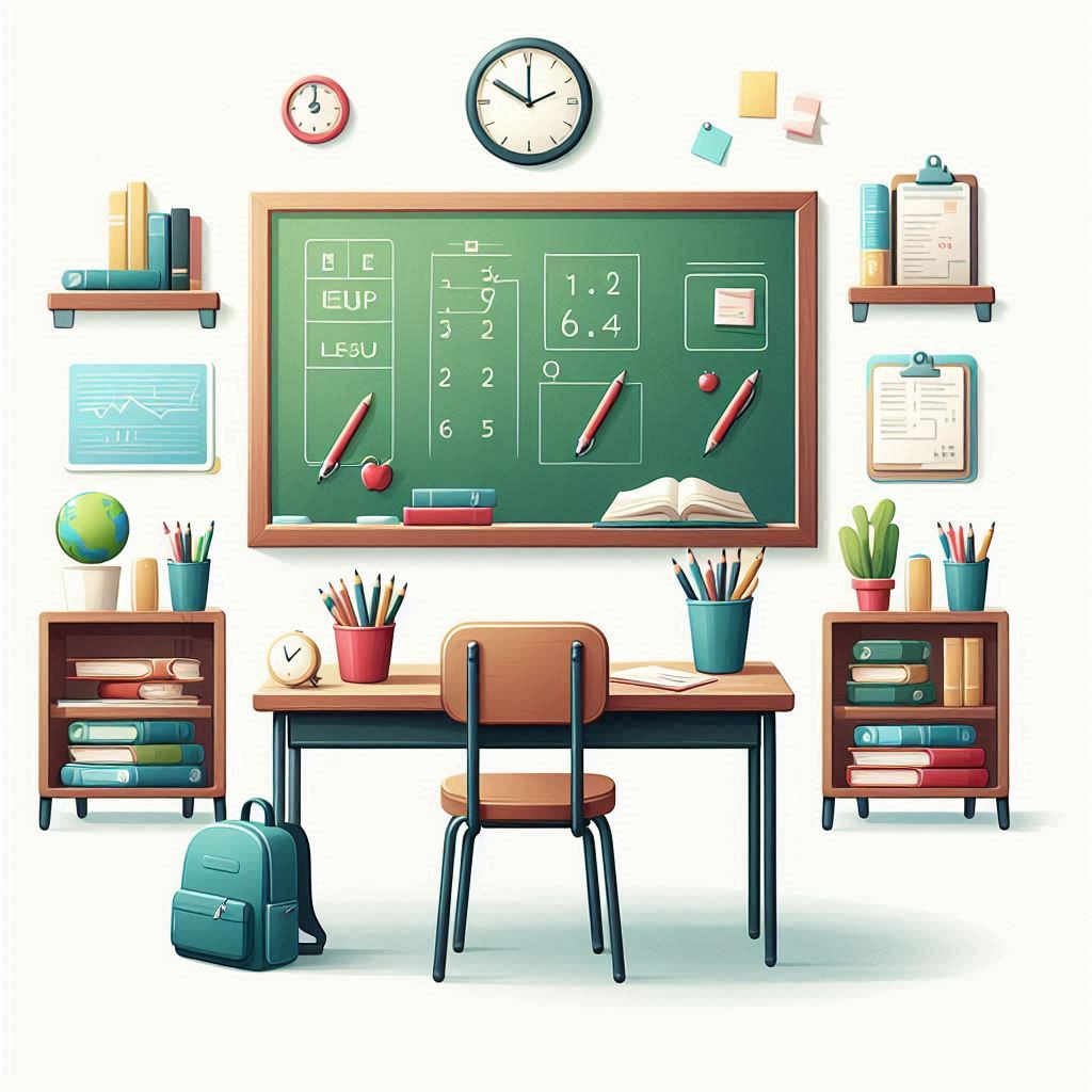 Classroom desk with chalkboard and supplies Classroom desk with chalkboard and supplies