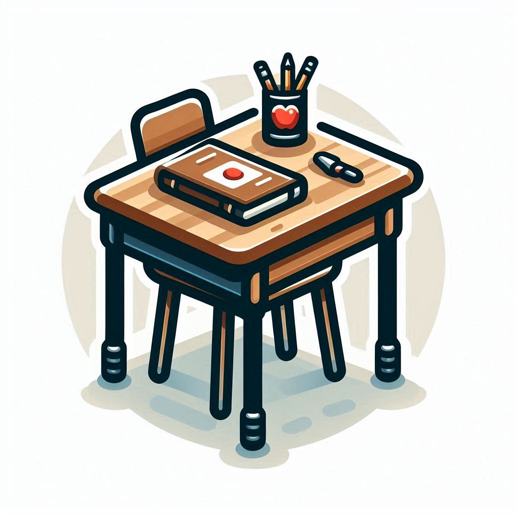 Classroom desk with book and pencils Classroom desk with book and pencils