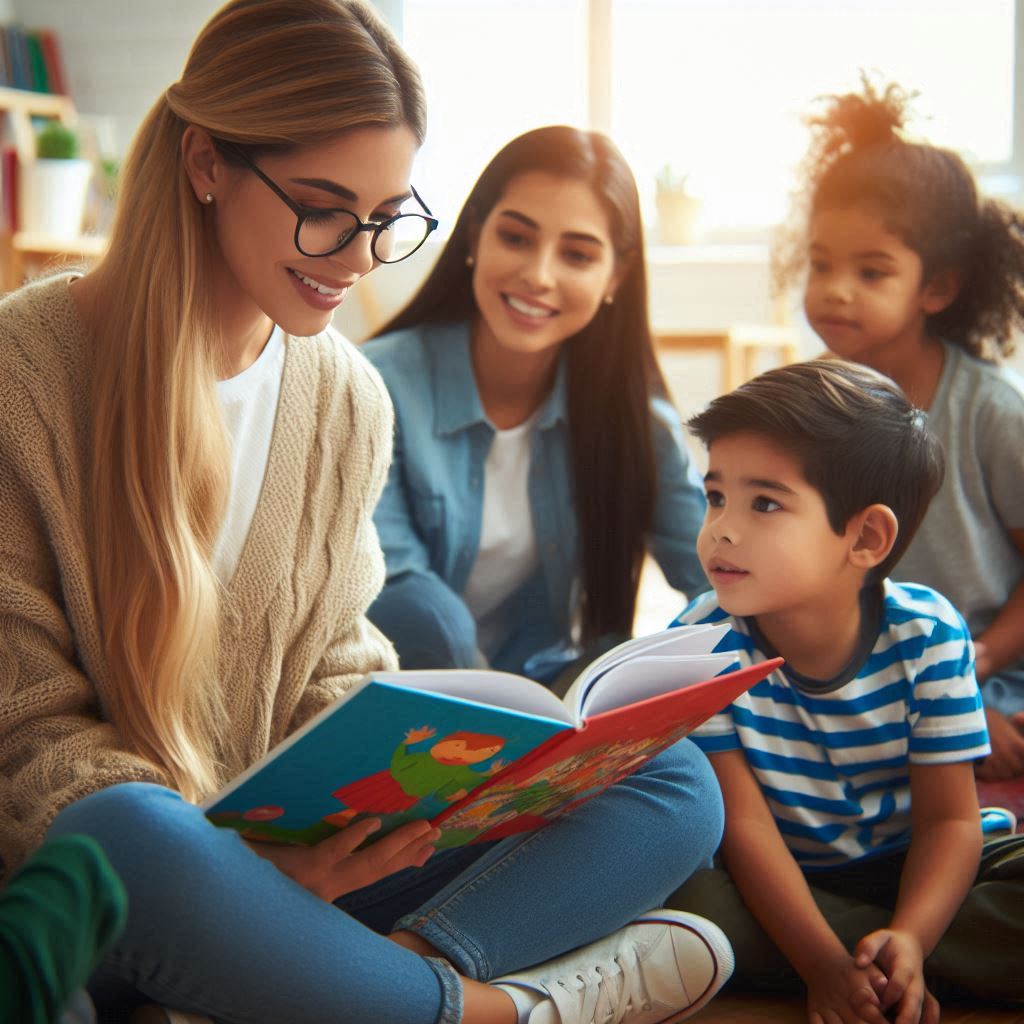 Reading time with children in cozy indoor space Reading time with children in cozy indoor space