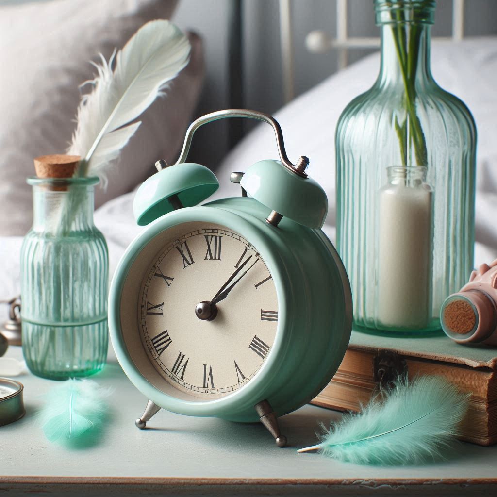Vintage alarm clock with glass bottles and feathers