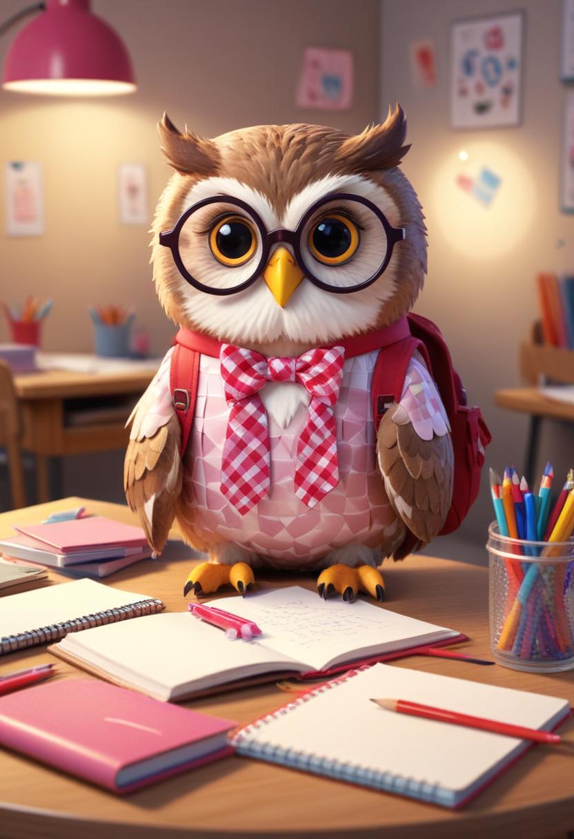 Owl character in classroom with stationery at desk Owl character in classroom with stationery at desk