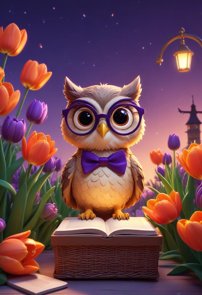 Cute owl with glasses in flower garden at dusk Cute owl with glasses in flower garden at dusk