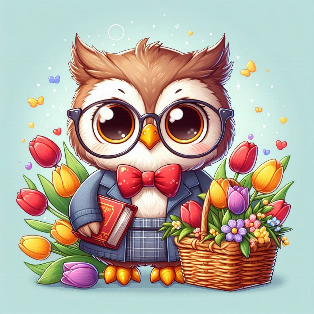 Adorable owl in glasses holding flowers and book Adorable owl in glasses holding flowers and book