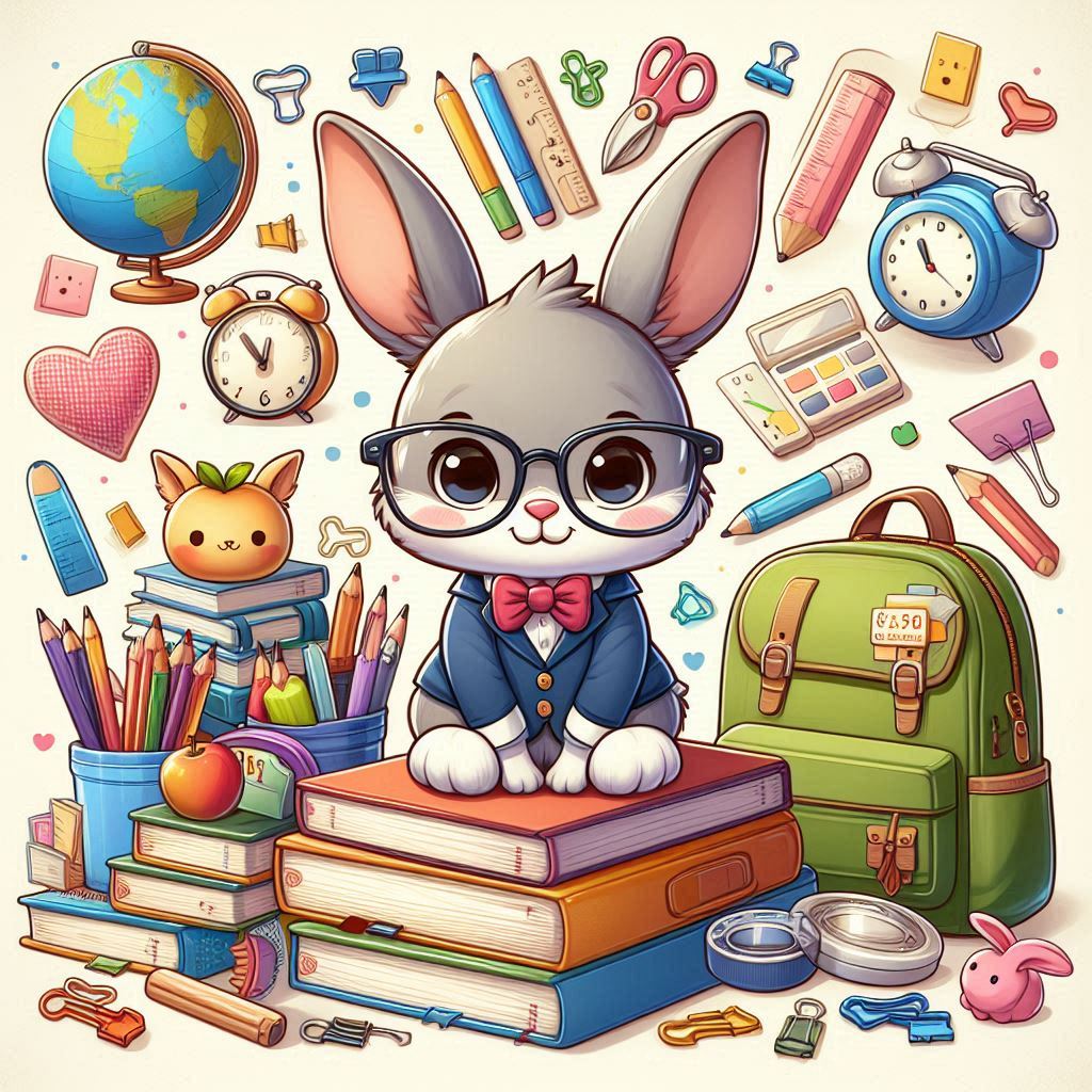 Cute bunny dressed for school surrounded by supplies Cute bunny dressed for school surrounded by supplies