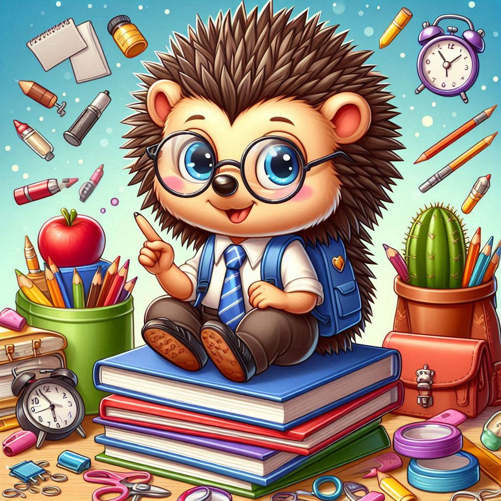 Happy hedgehog in glasses surrounded by school supplies Happy hedgehog in glasses surrounded by school supplies