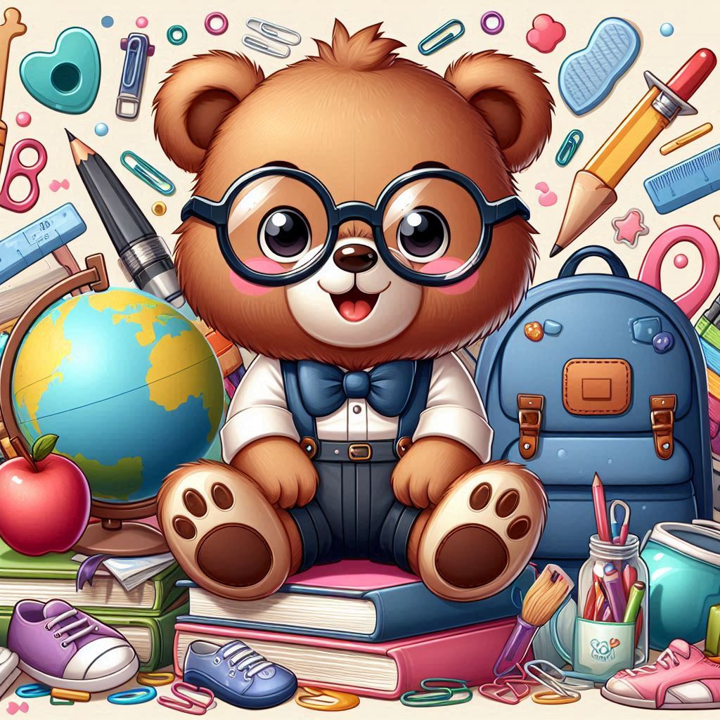Cute bear with glasses surrounded by school supplies Cute bear with glasses surrounded by school supplies
