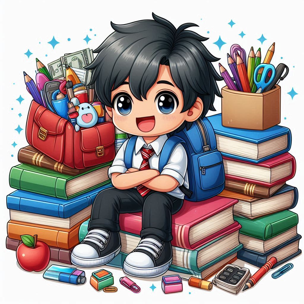 School boy surrounded by books and school supplies School boy surrounded by books and school supplies