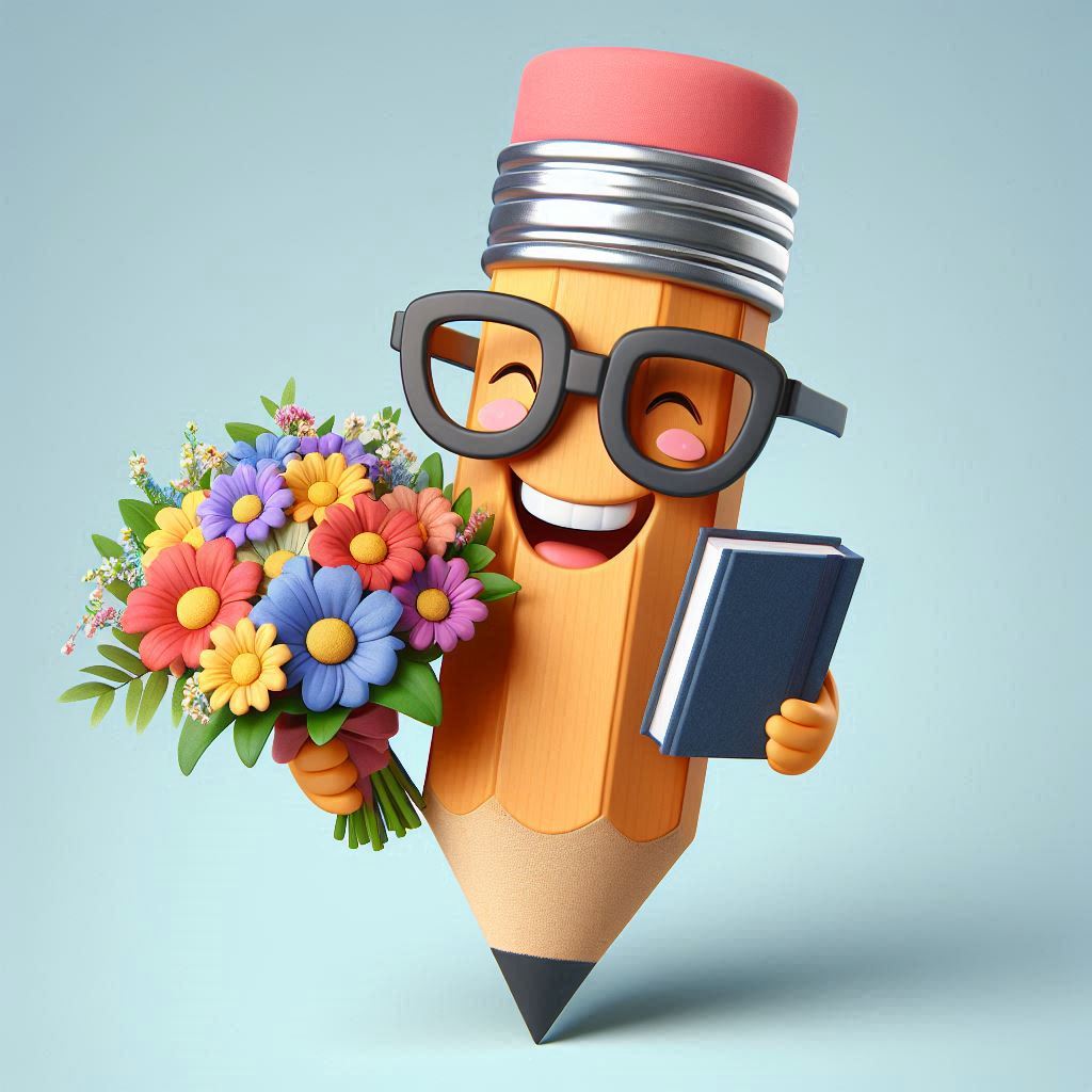 Happy pencil holding flowers and a book Happy pencil holding flowers and a book