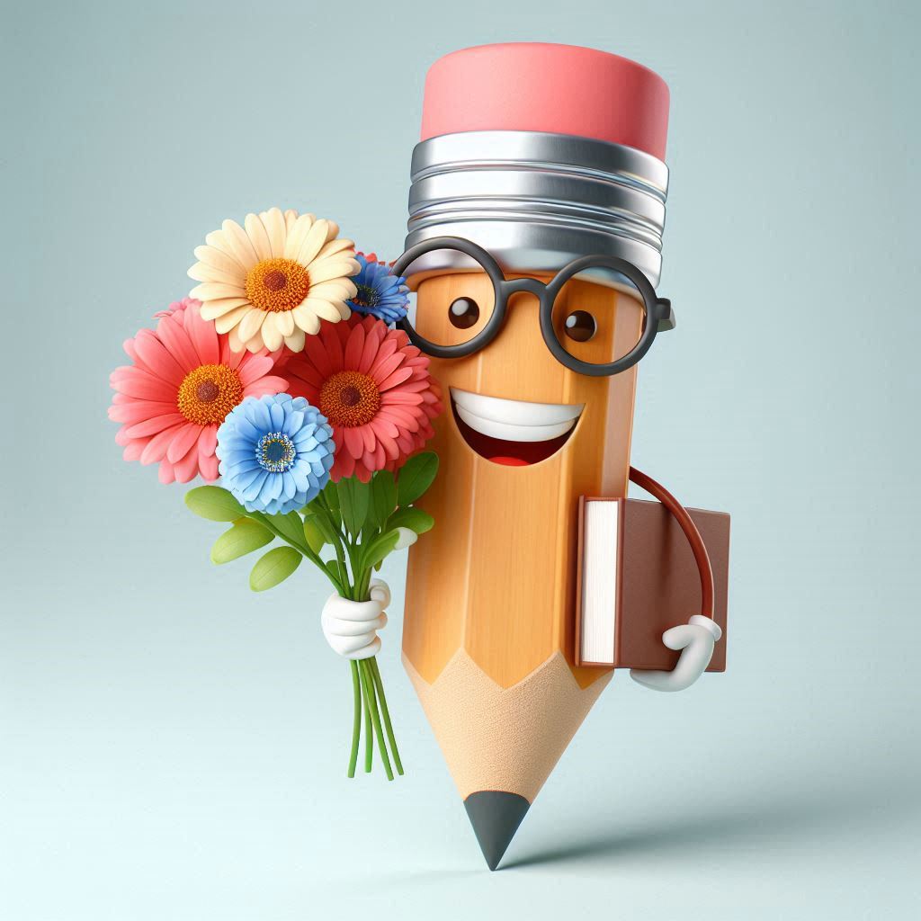 Cheerful pencil holding flowers and a book Cheerful pencil holding flowers and a book