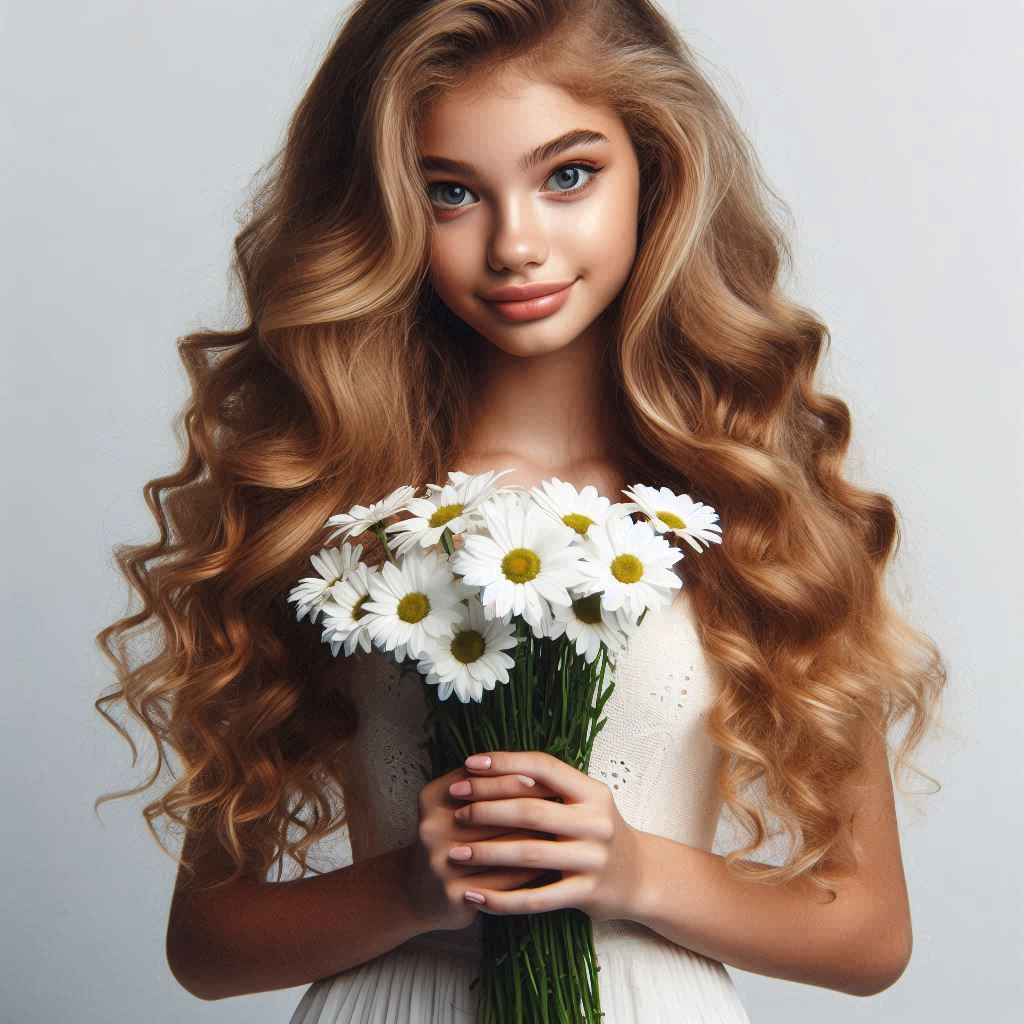 Young girl holding daisies with long wavy hair Young girl holding daisies with long wavy hair