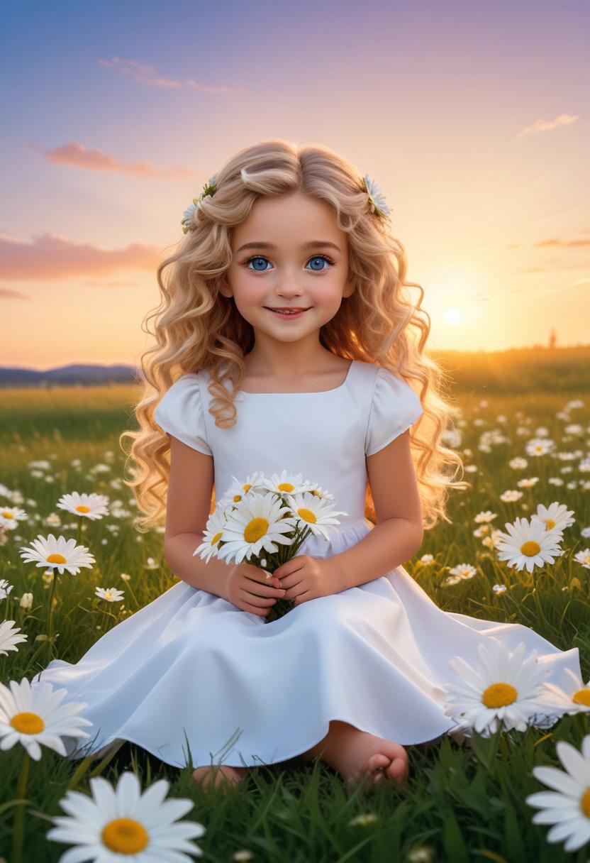 Young girl in white dress holding daisies at sunset Young girl in white dress holding daisies at sunset
