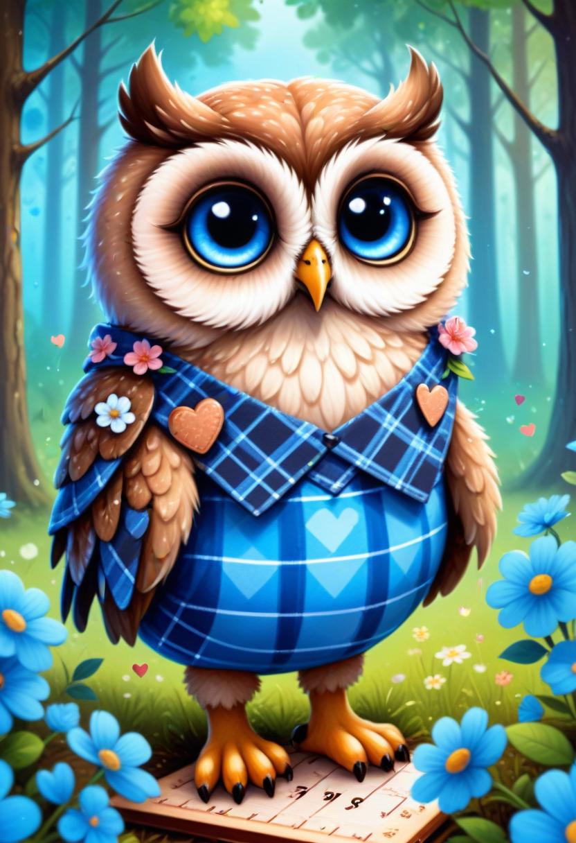 Cute cartoon owl dressed in blue plaid, woodland setting Cute cartoon owl dressed in blue plaid, woodland setting