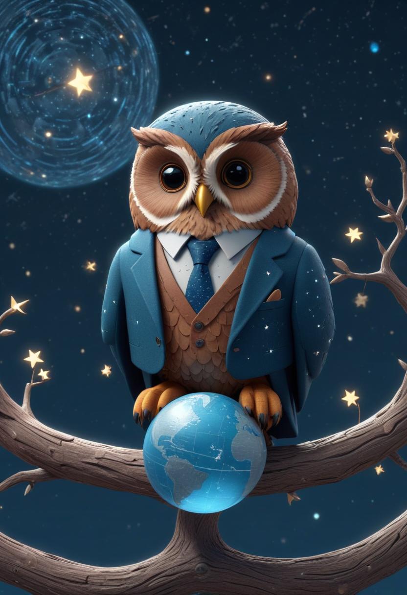 Wise owl in a suit perched on earth at night Wise owl in a suit perched on earth at night
