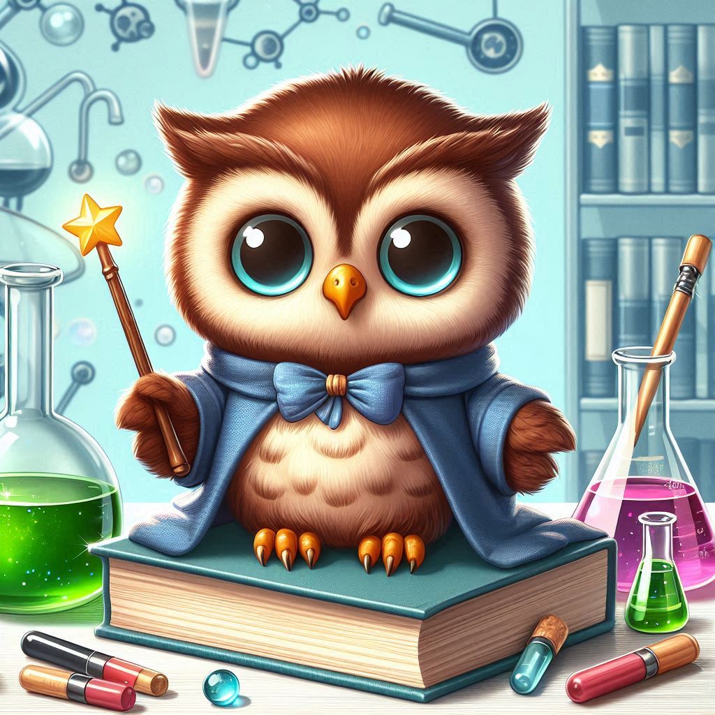 Adorable cartoon owl wizard in a science lab Adorable cartoon owl wizard in a science lab