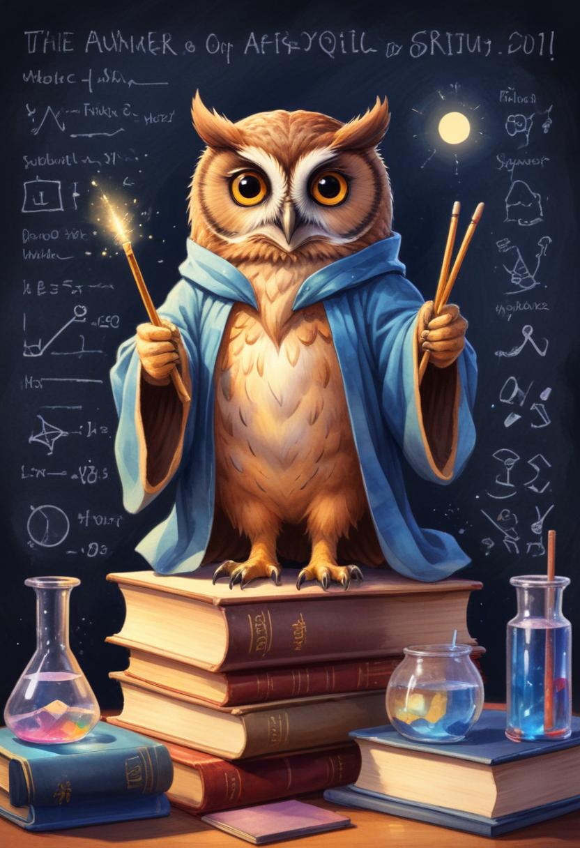 Wise owl casting spells in a wizard's library Wise owl casting spells in a wizard's library