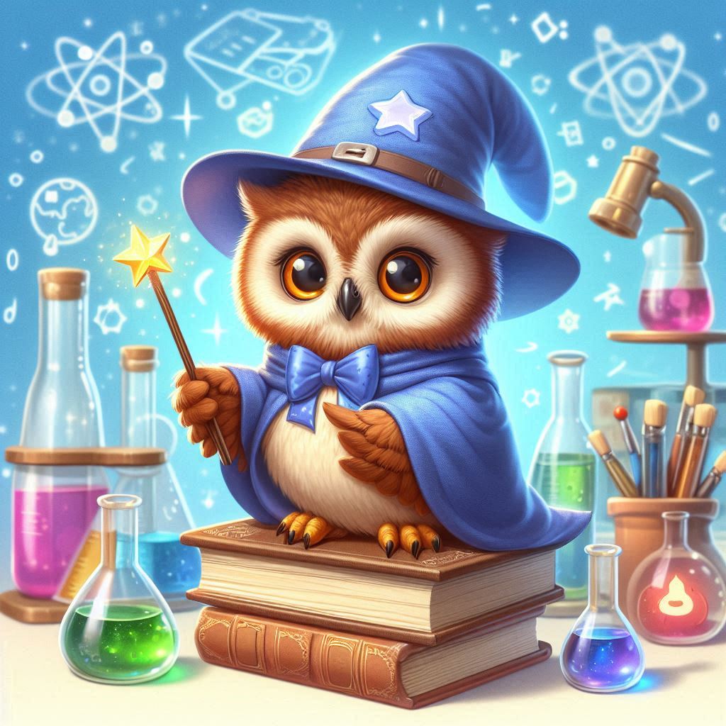 Wise owl wizard holding wand in a science laboratory Wise owl wizard holding wand in a science laboratory