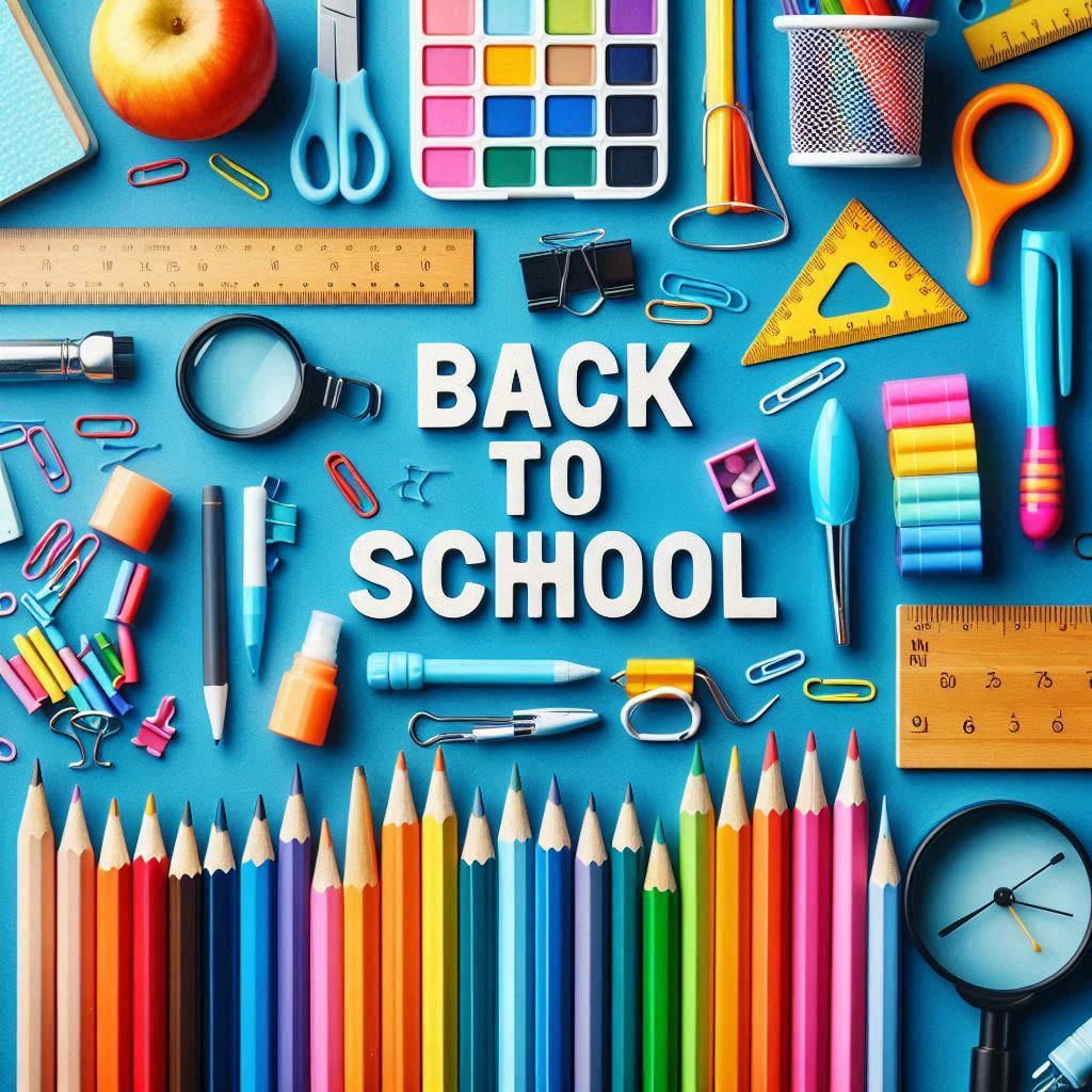 Colorful school supplies arrangement for back to school