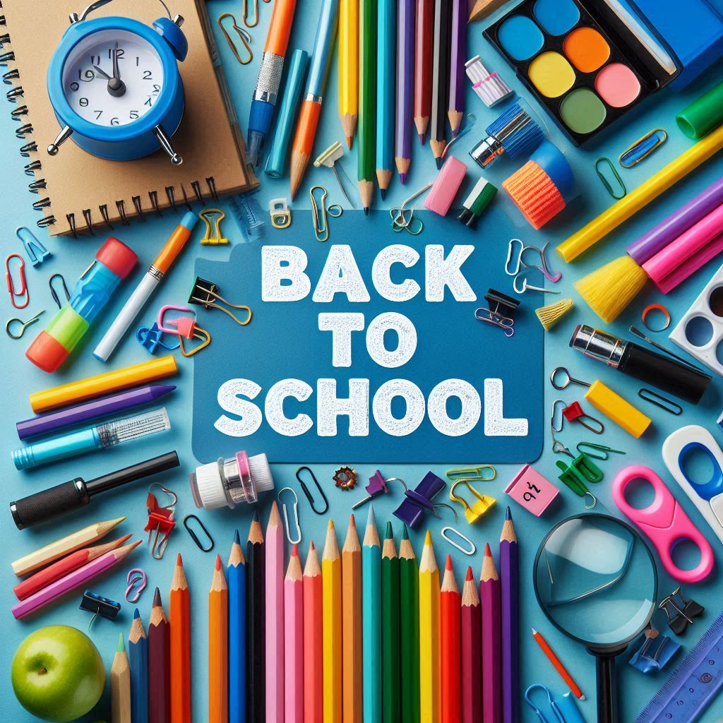 Colorful school supplies spread on a blue background