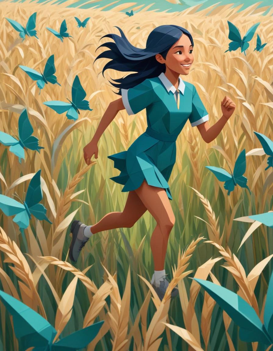 Girl running joyfully through wheat field with butterflies Girl running joyfully through wheat field with butterflies