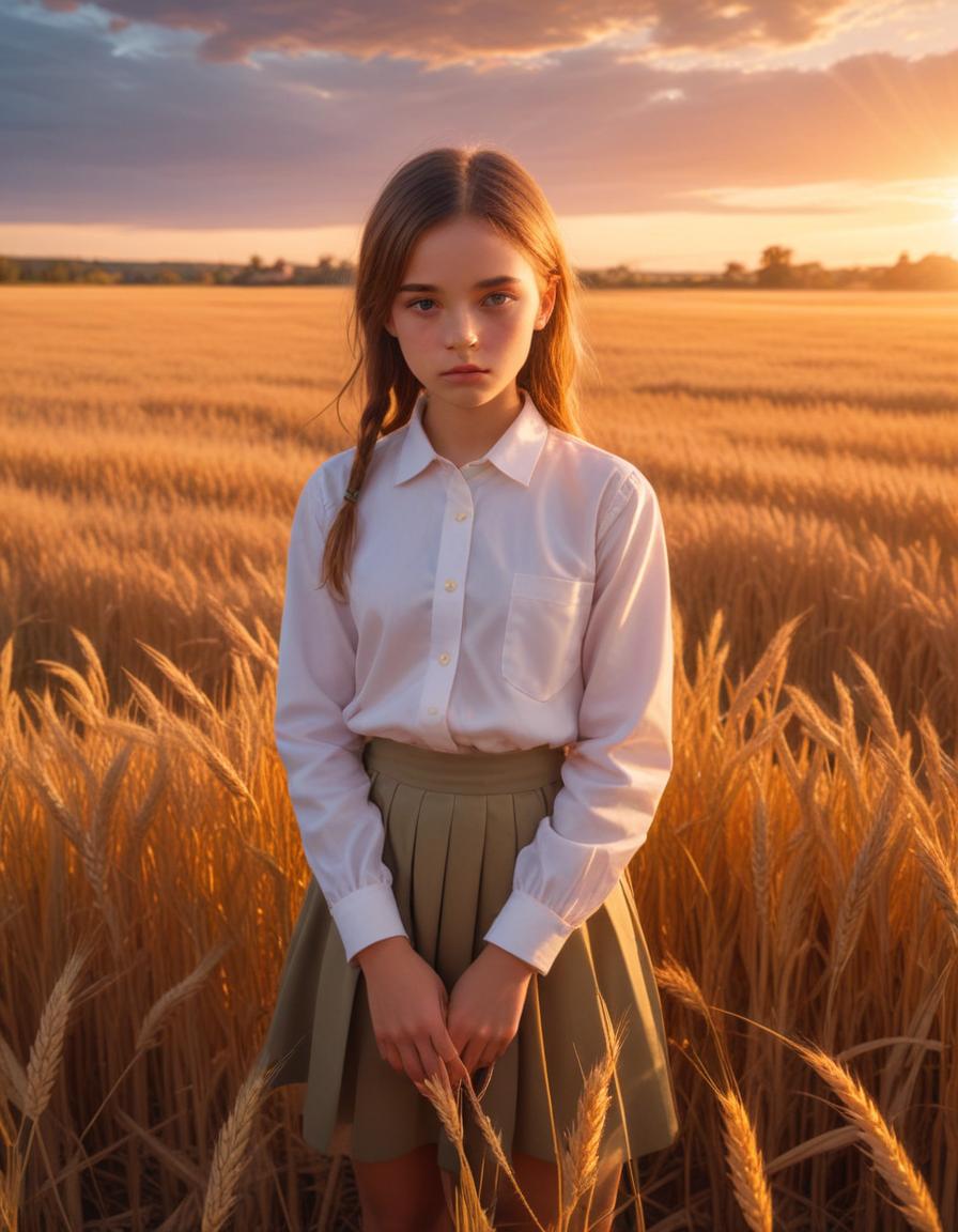 Girl standing in wheat field during sunset Girl standing in wheat field during sunset