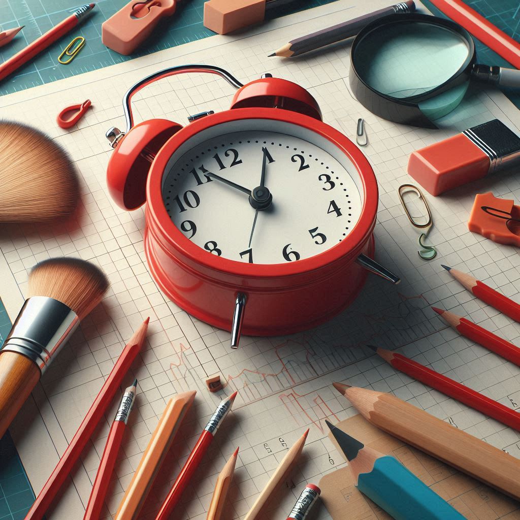 Red alarm clock surrounded by stationery on desk Red alarm clock surrounded by stationery on desk