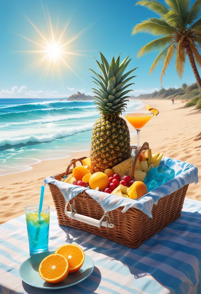 Tropical fruit basket on beach during sunny day Tropical fruit basket on beach during sunny day