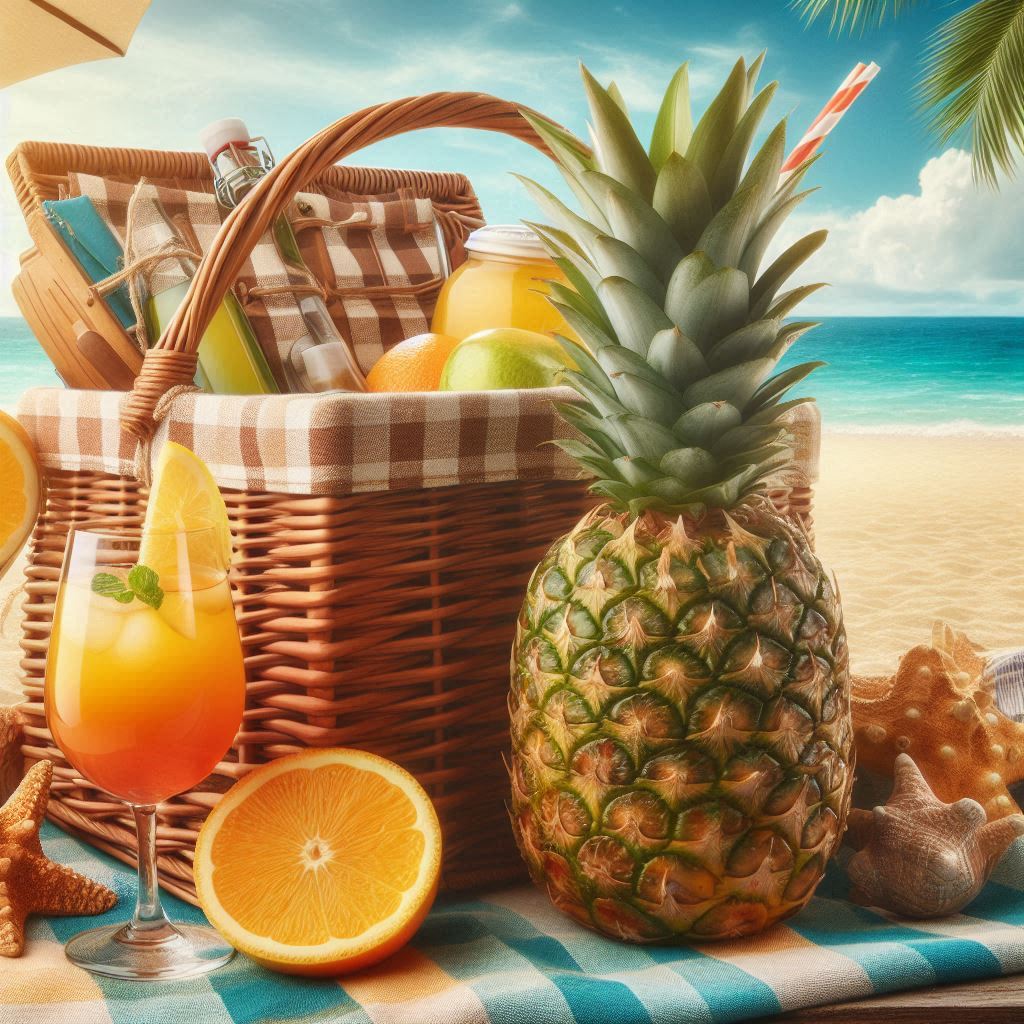 Tropical picnic with fruit and refreshing beverages Tropical picnic with fruit and refreshing beverages