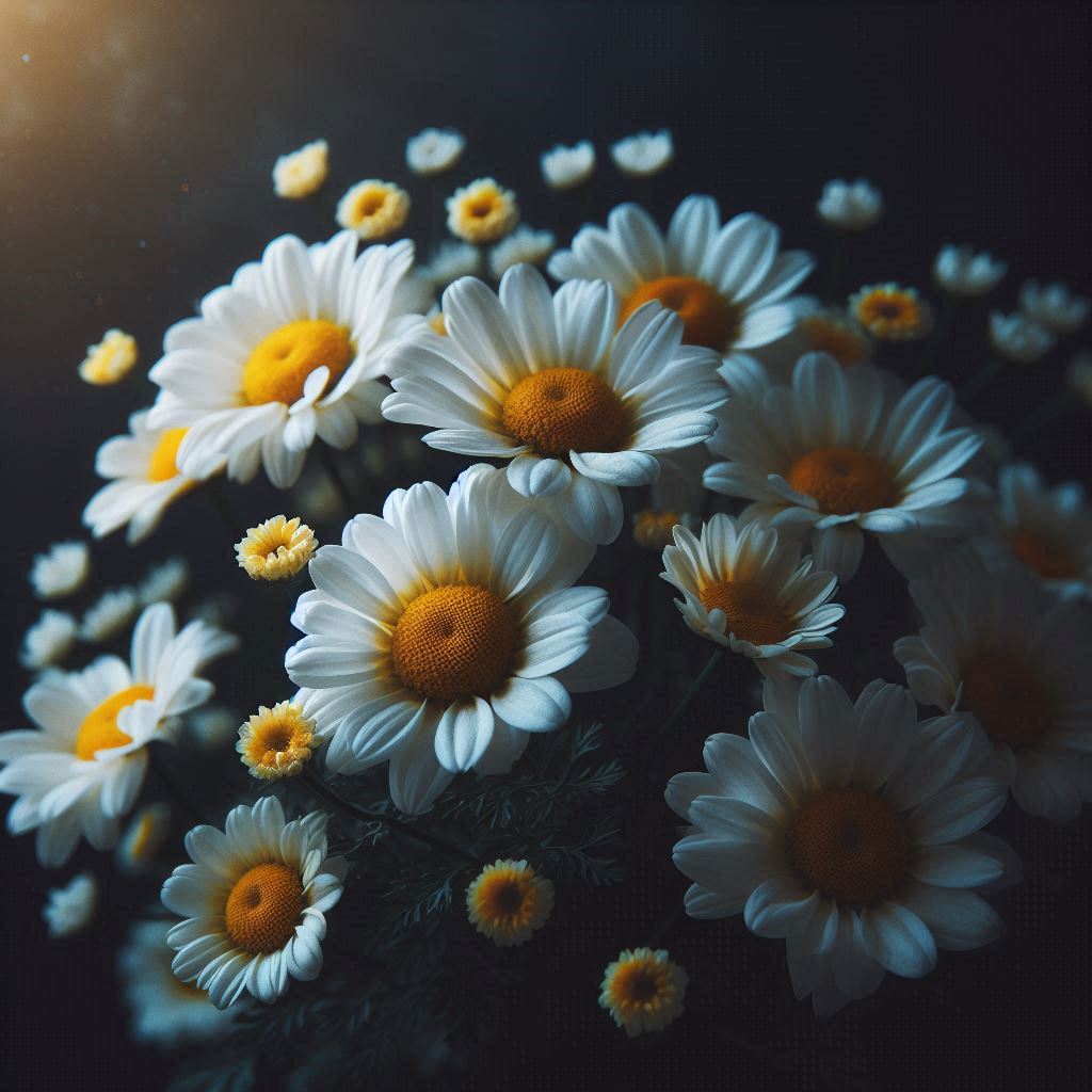 White daisies in bloom against a dark background White daisies in bloom against a dark background