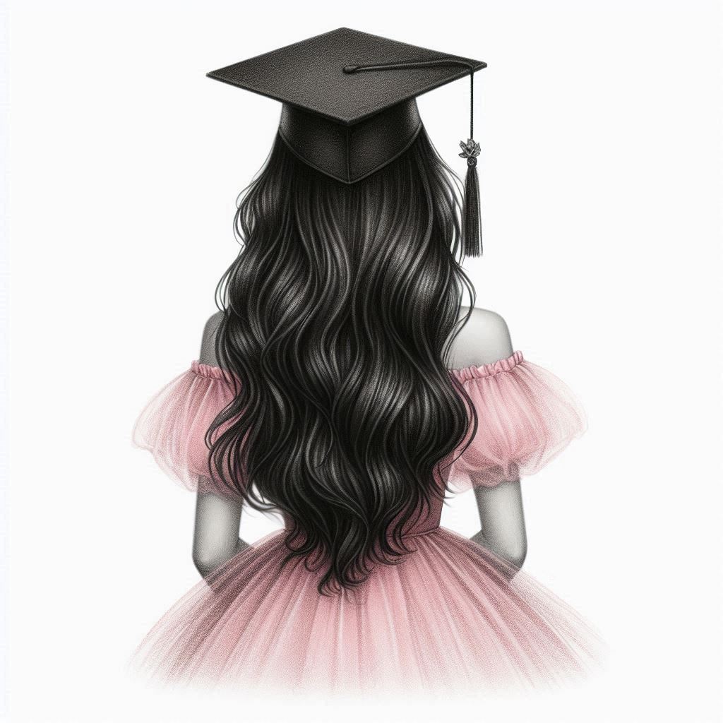 Female graduate in pink gown with long black hair Female graduate in pink gown with long black hair