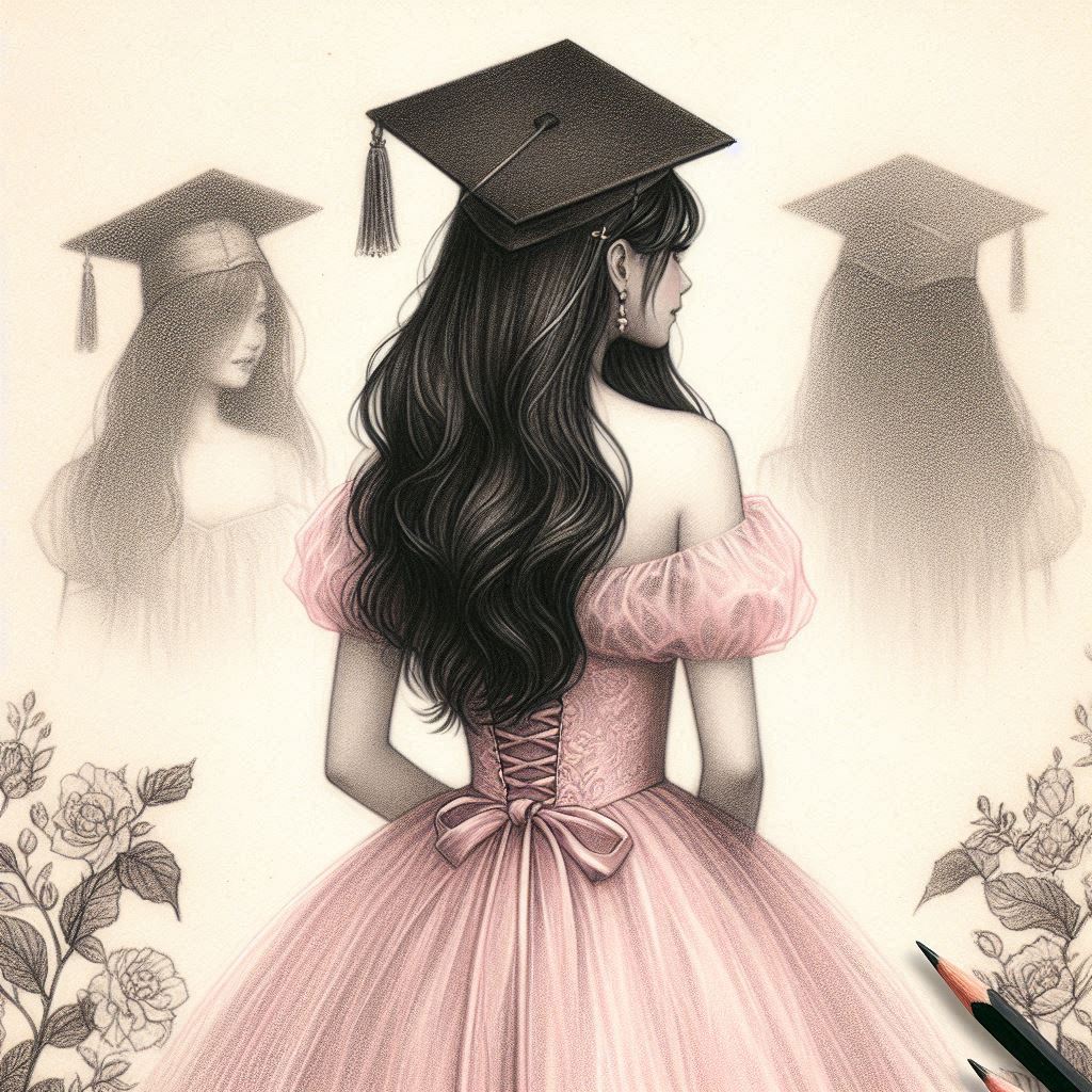 Graduate in pink gown with cap surrounded by roses Graduate in pink gown with cap surrounded by roses