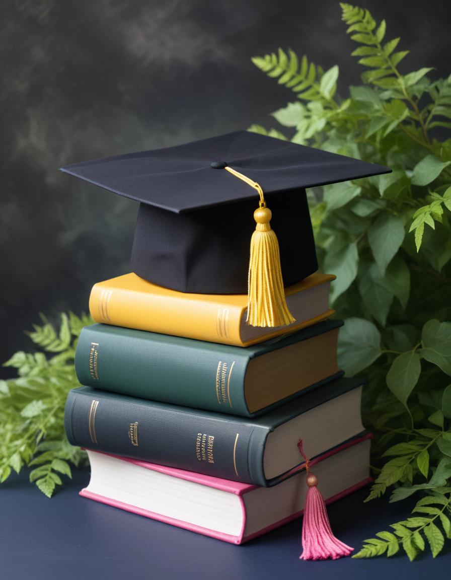 Graduation cap on stack of books with greenery Graduation cap on stack of books with greenery