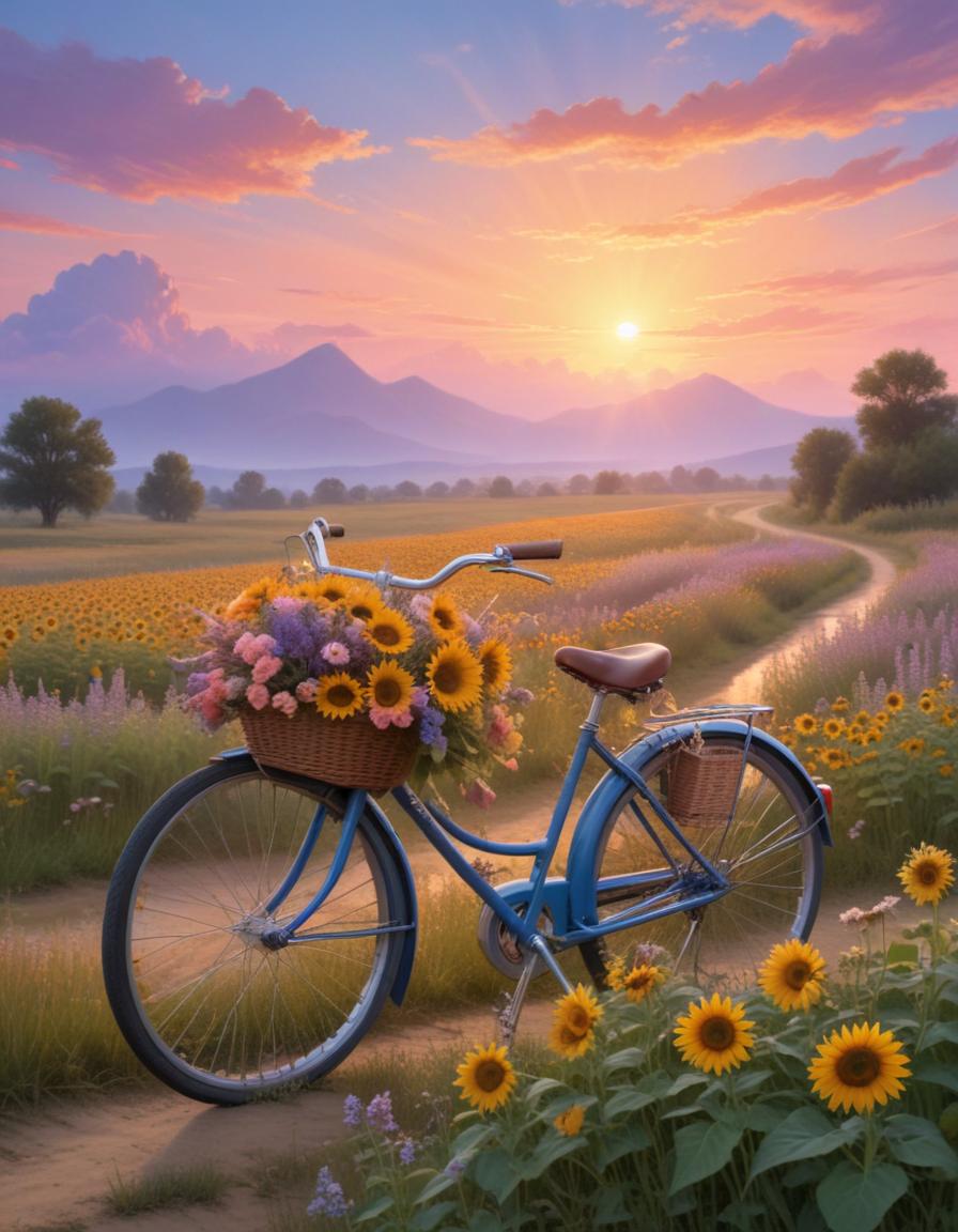 Blue bicycle by sunflower field at sunrise Blue bicycle by sunflower field at sunrise