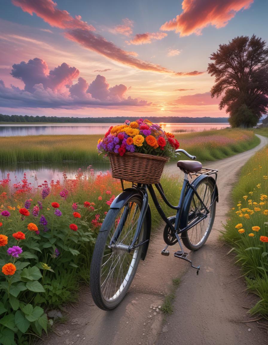 Sunset bicycle with flower basket by riverbank Sunset bicycle with flower basket by riverbank