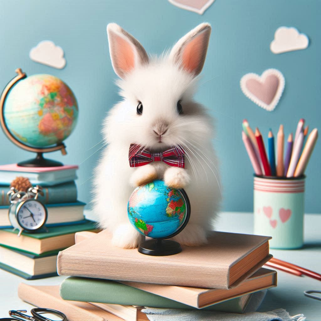 Cute rabbit holding globe on stack of books Cute rabbit holding globe on stack of books