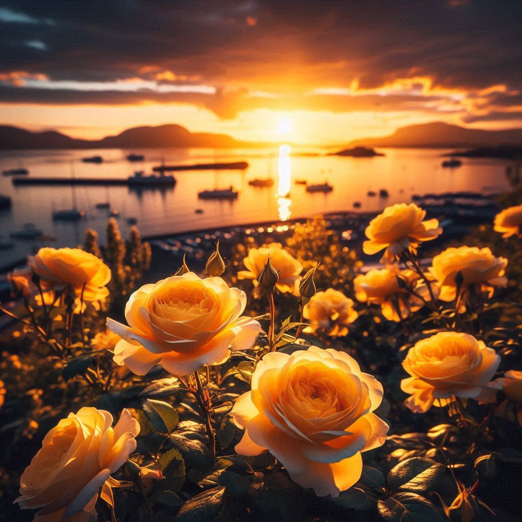 Golden roses against a sunset over calm waters Golden roses against a sunset over calm waters