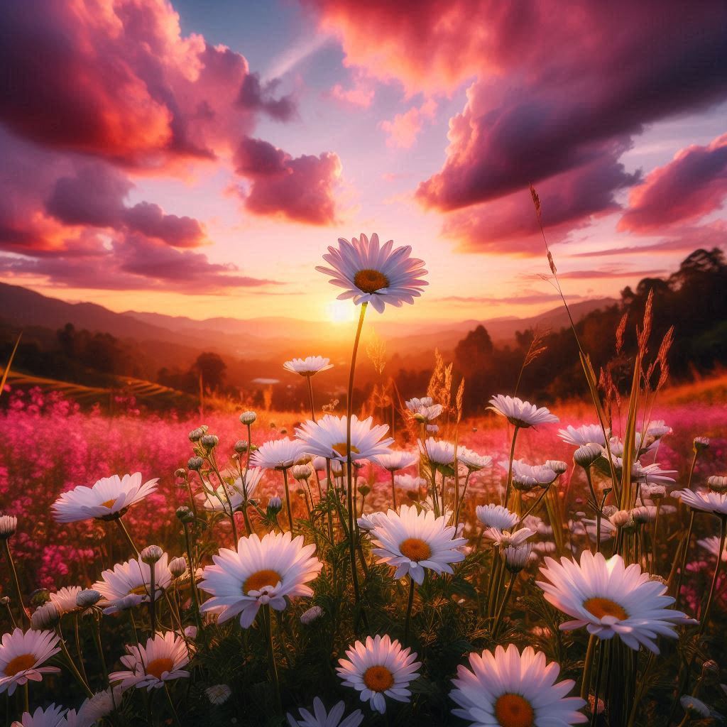 Sunset over flower field with daisies in bloom Sunset over flower field with daisies in bloom