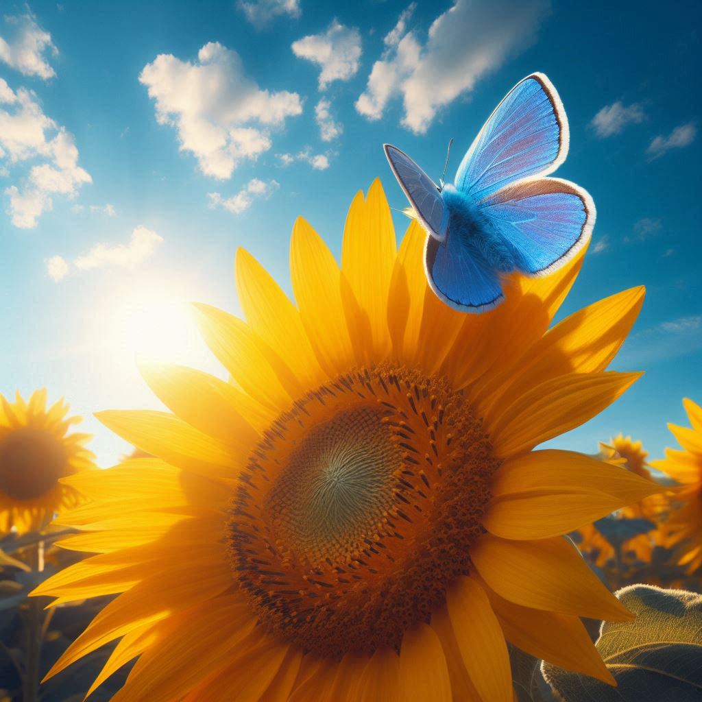 Butterfly landing on sunflower at sunrise Butterfly landing on sunflower at sunrise